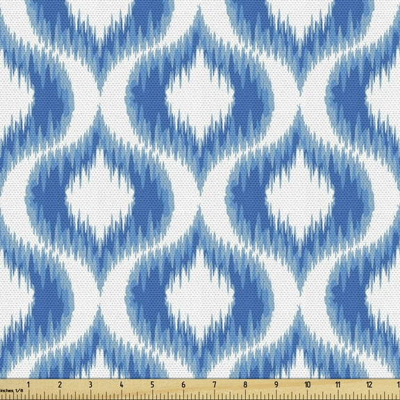 Ikat Sofa Upholstery Fabric by the Yard, Ikat Damask Linked Motifs Pattern Blurry over Finer Tied Warp and Weft Yarns Design, Decorative Fabric for DIY & Home Accents, 3 Yards, Blue White by Ambesonne