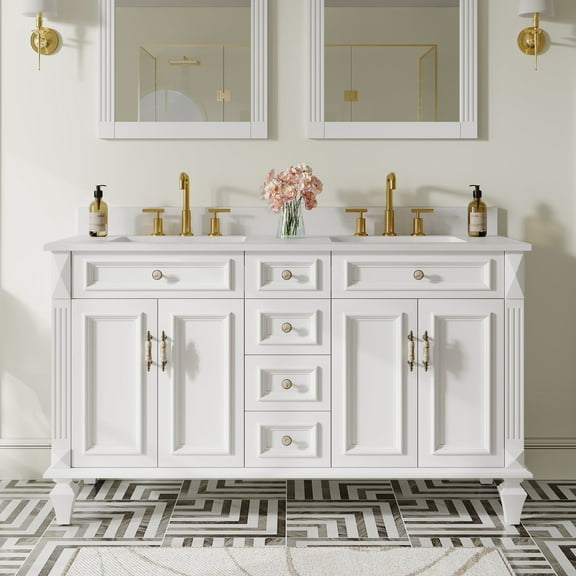 ANGELES HOME 60" Bathroom Vanity with Double Sinks, Solid Wood Bathroom Makeup Cabinet W/ 4 Doors and 4 Drawers, Bathroom Vanity Storage Organizer with Carrara White Quartz Countertop, White