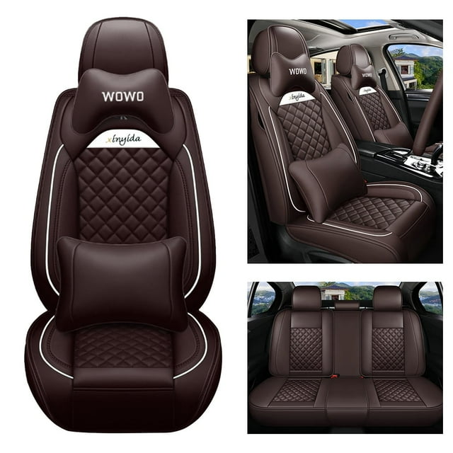 Maidao Car Seat Covers Full Set Leather for Buick for Regal 1998-Present 5 Seats Water Resistant Front Rear Cushion Protector with Pillow Coffee