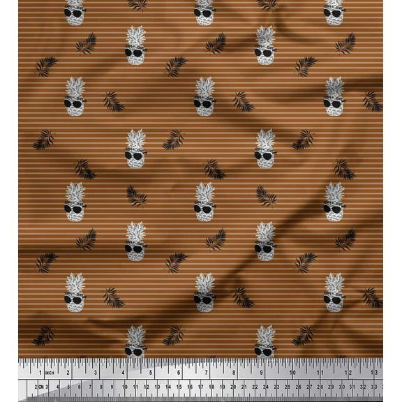 Soimoi Brown Cotton Duck Fabric Stripe & Pine Fruits Printed Craft Fabric by the Yard 42 Inch Wide