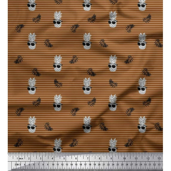 Soimoi Brown Cotton Duck Fabric Stripe & Pine Fruits Printed Craft Fabric by the Yard 42 Inch Wide