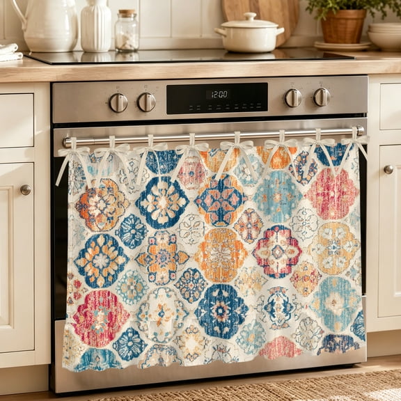 Oven Skirt Curtain for Kitchen 21.5x30 Inch, Boho Morocco Oven Curtain with 8 Ribbon Ties & Ruffle Trim, Stove Skirt Curtain Dishwasher for Cabinets Sinks Retro Farmhouse Ethnic Neutral Aesthetic