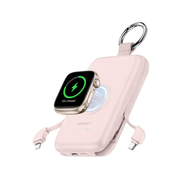 Power Bank RORRY Rosa 10000mAh Bateria Recargable con Cables Integrados para iPhone y Apple Watch