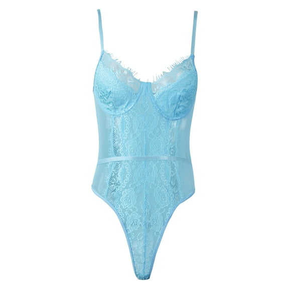 Lace See Through Bodysuit Charming Patchwork Women Body Leotard for Party Date Daily Blue S