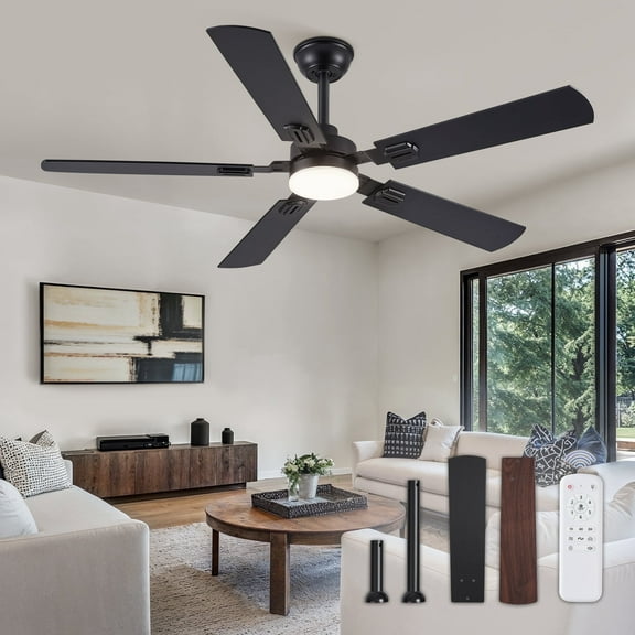 Zardon 52" Modern Black Ceiling Fan with Light and Remote Control, Ultra-Quiet DC Motor, Bright LED Light, 6-Speed, Timer for Bedroom, Living Room