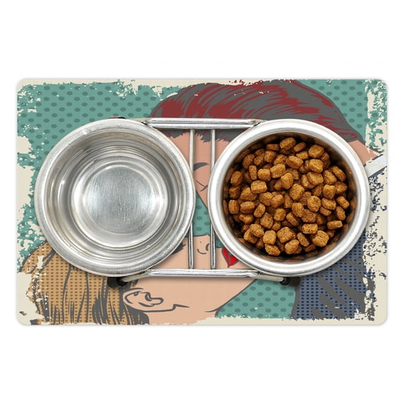 Kiss Pet Mat for Food and Water, Man and Woman About to Kiss Pop Art Comics Retro Style Halftone Grunge, Non-Slip Rubber Mat for Dogs and Cats, 18" X 12", by Ambesonne