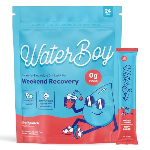 Recuperación del fin de semana de Waterboy | Paquetes de electrolitos en polvo de 3200 mg | Jengibre + L-Teanina + Vitaminas | Sin azúcar, totalmente natural, sin gluten | 24 mezclas de bebidas en bar