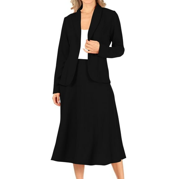 Moa Collection Women's Two Piece Set Solid Long Sleeve Casual Blazer Relaxed A-Line Midi Skirt