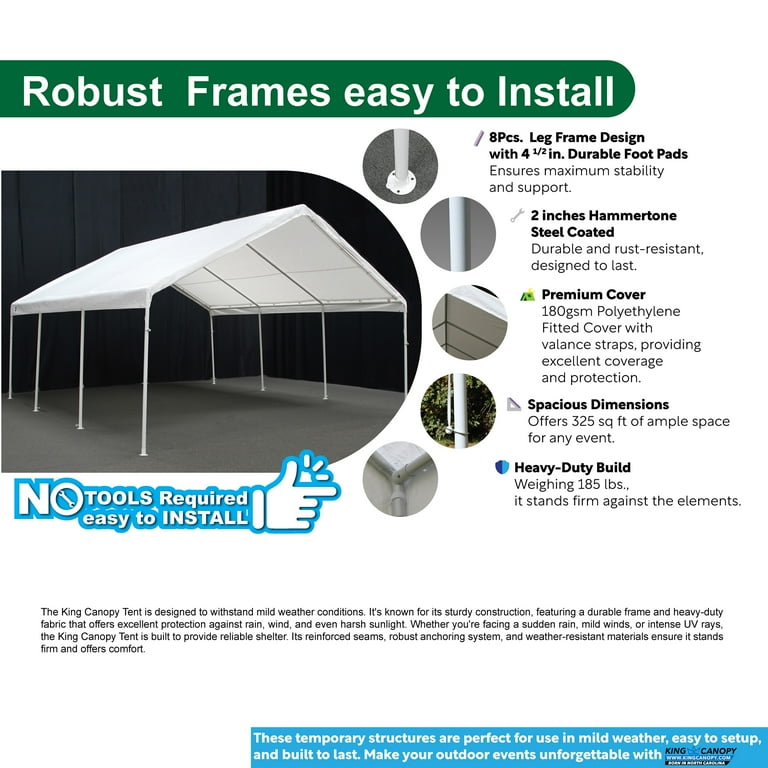 King Canopy Hercules 18' x 20', 2-Inch Steel Frame, 8-Leg, Carport