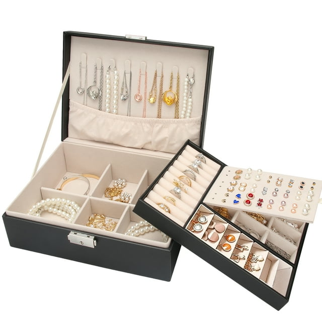 Joyero para mujeres, niñas, esposas, regalo ideal, organizador de joyas de doble capa, exhibición de aretes, pulseras, anillos, collares, estuche de almacenamiento de joyas con forro de