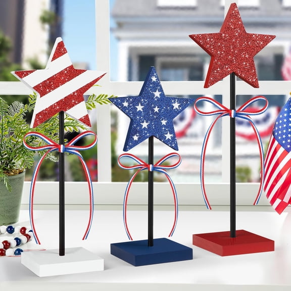 3 Pcs 4th of July Tiered Tray Decor Wooden Star SetMemorial Day Table Decorations Rustic Patriotic Tabletop Home Decor, Red White and Blue Decorations for Home