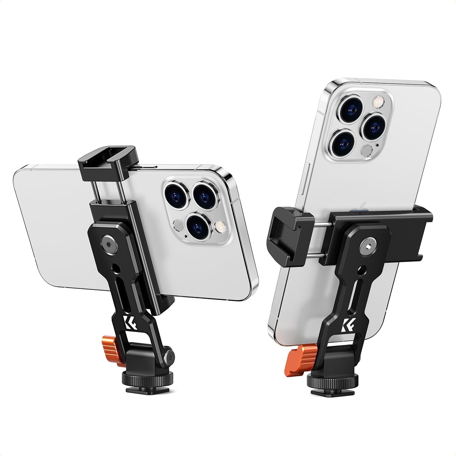 K&F CONCEPT Metal Phone Tripod Mount, Universal Smartphone Stand with 2 Cold Shoe Mount, Adjustable Cellphone Holder for Horizontal and Vertical Shooting, Compatible with Phones