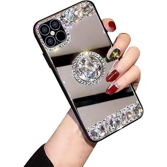 Bling Glitter Diamond Case for Samsung Galaxy S23 Ultra 5G,Women Girls Makeup Mirror Phone Case with Ring Holder Stand White,Sparkle 3D Handmade Rhinestone Flexible TPU Bumper Cover