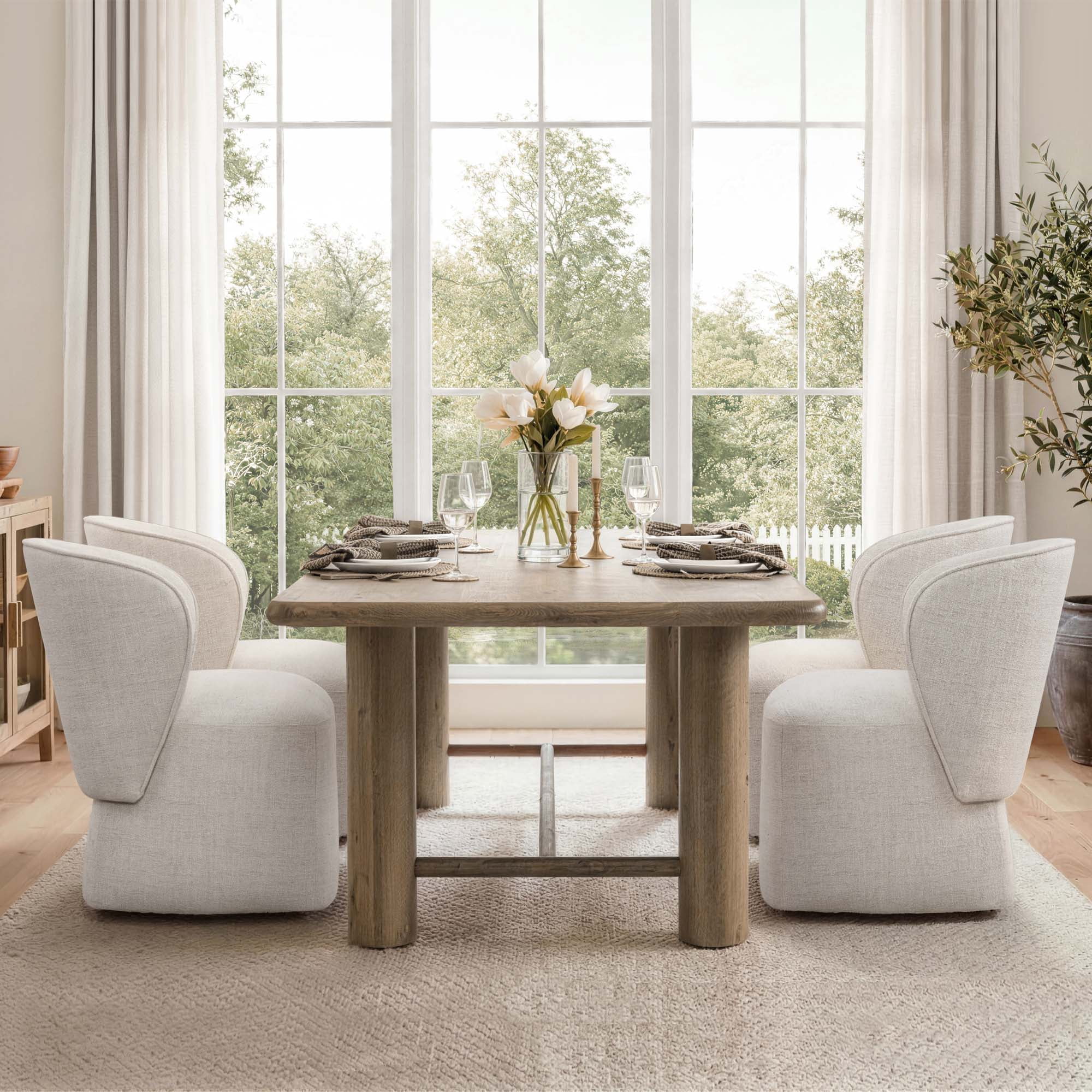Spruce & Spring Rolling Dining Chairs, Spill-Proof & Stain Resistant Barrel Armchair with Casters, Modern Upholstered Seat and Removable Back Support Pillow for Kitchen Living Room, Wheat
