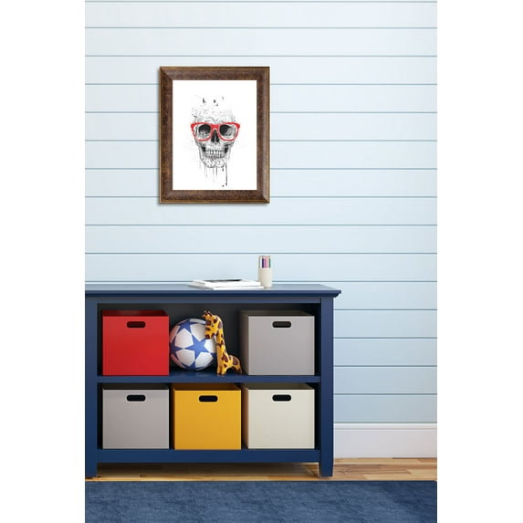 Gango Home Decor Skull With Red Glasses; One 11x14in Art Print in Gold Trim Brown Frame