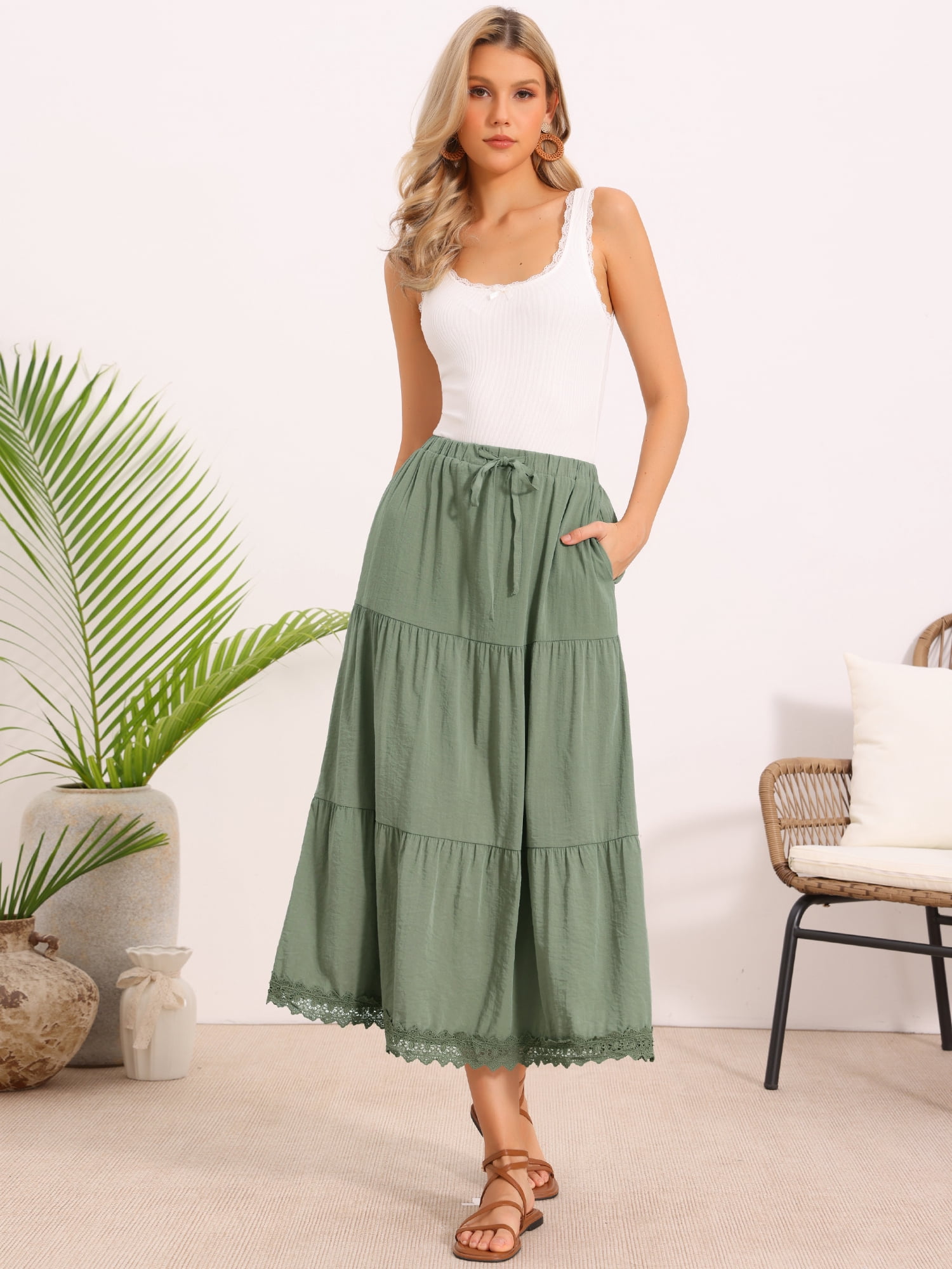 DARING DIVA Women's Tiered Elastic A-Line Beach Long Skirts Large Gray Green
