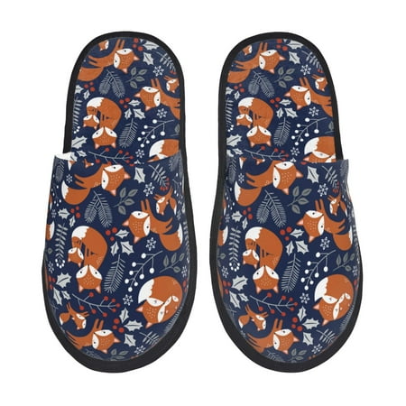Balery Vintage Blue Fox Family Slient Indoor Furry Fleece Comfort House Shoes Soft Non-Slip Home Shoes Cotton slippers House Slippers-- Large