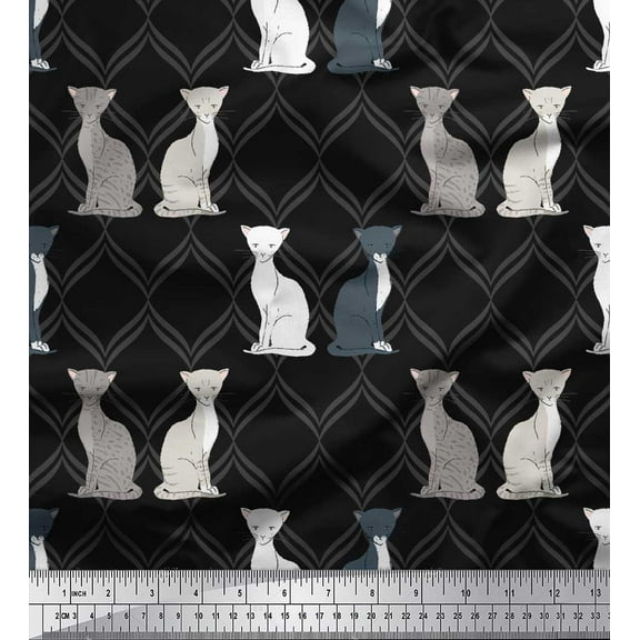Soimoi Black Cotton Duck Fabric Quatrefoil Cat Animal Printed Craft Fabric by The Yard 44 Inch Wide