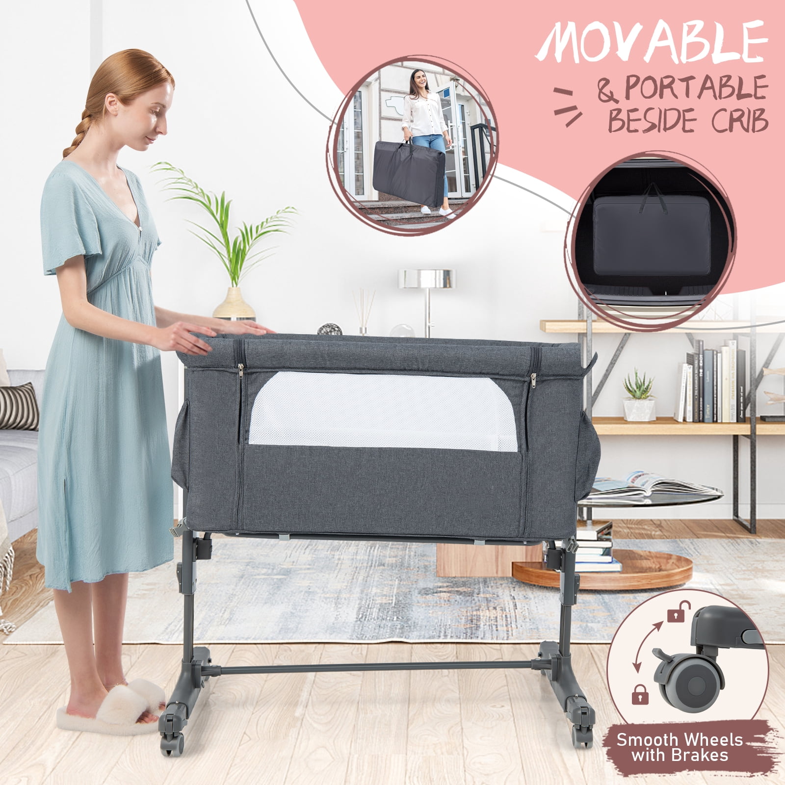 Babyjoy 3-in-1 Baby Bassinet Beside Sleeper Crib with 5-Level Adjustable Heights Gray