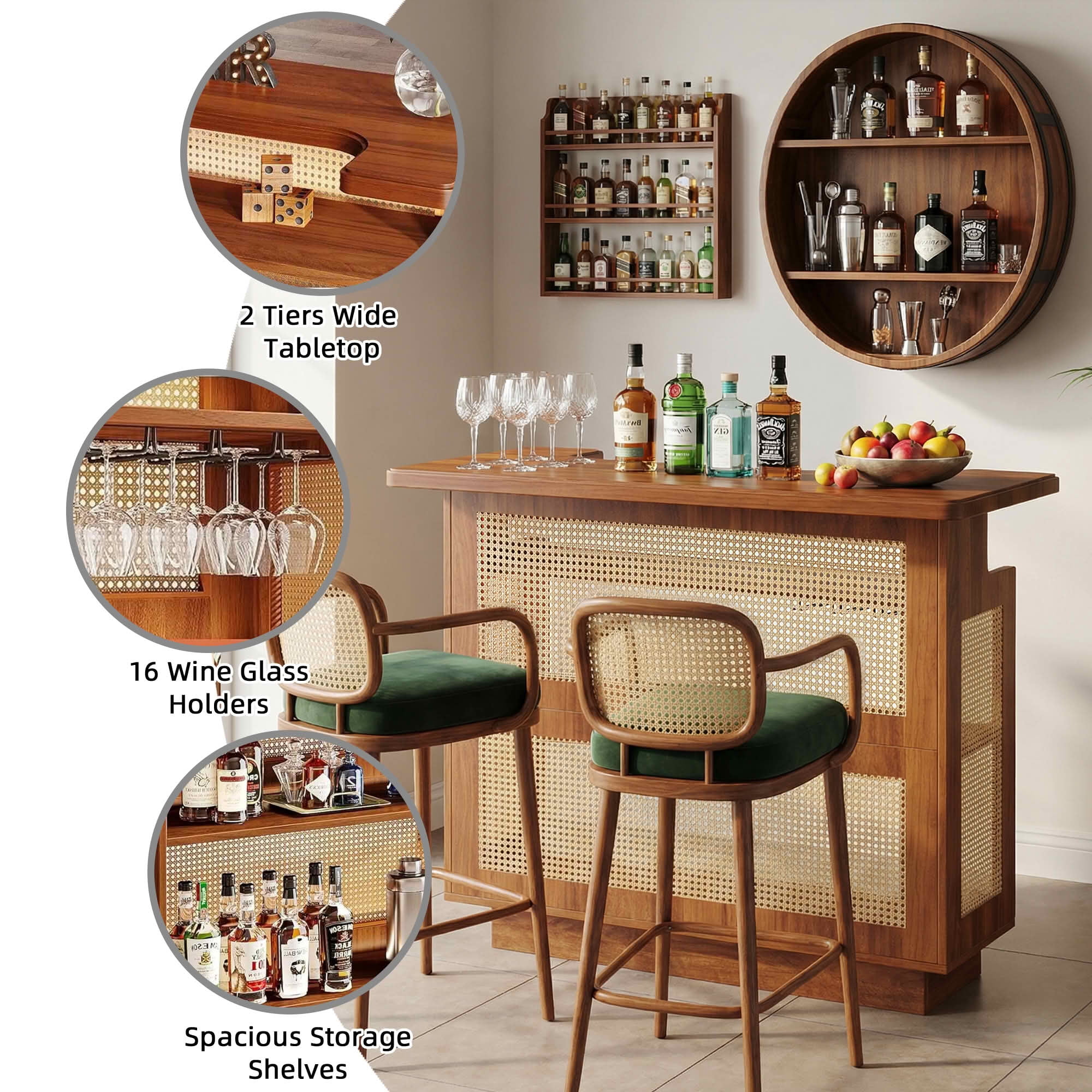 MAYEERTY Rattan Home Bar Unit, 4 Tier Liquor Wine Bar Cabinet with Stemware Racks, Farmhouse Brown Beverage Storage Cabinet for Living Room Basement