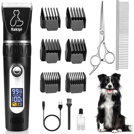Dog Grooming Kit with LCD Display Low Noise Dog Clippers for Grooming Heavy Duty Dog Trimmer Dog Grooming Supplies with Scissor Shaver for Dogs Cats Pets Electric Quiet Cordless