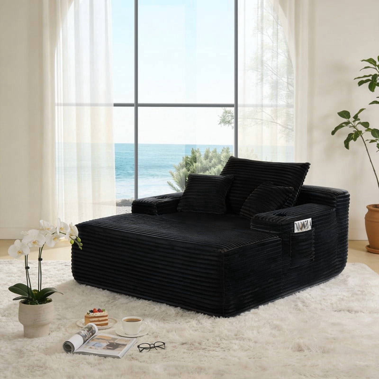 Oversized Chaise Lounge Chair with Cup Holders, Boneless Upholstere Sleeper Chair Deep Seat Sofa Bed Cloud Couch for Living Room, No Assembly Required