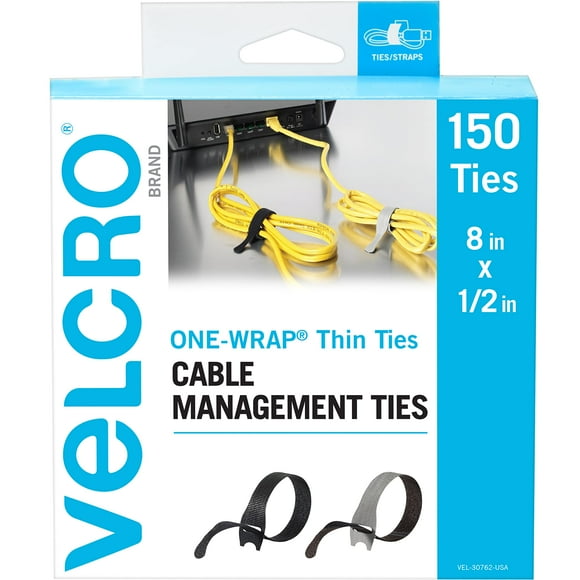 VELCRO Brand 150pk Cable Ties Value Pack | Replace Zip Ties with Reusable Straps, Reduce Waste | For Wire Management and Cord Organizer | 8 x 1/2" Thin Pre-Cut Design, Black and Gray