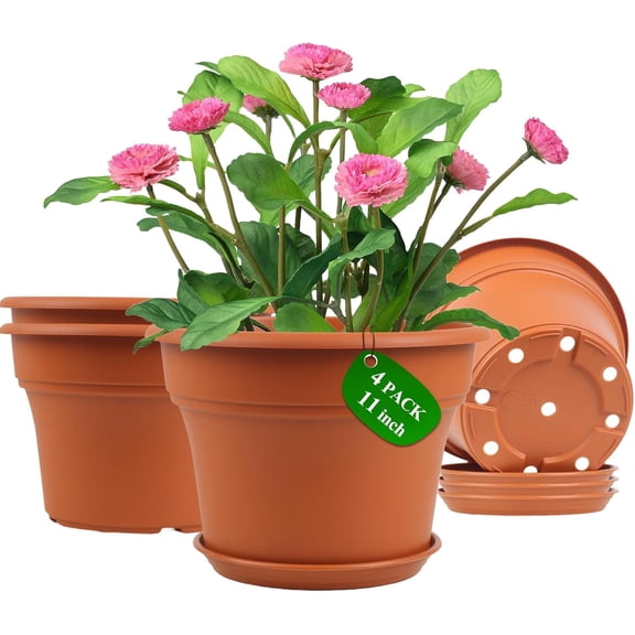11 Inch Plastic-Flower-Pot-for-Indoor-Plants, 4 Pack Large Outdoor Planter Pot with Drainage Holes & Saucers, Resin Decorative Garden Pots Planters