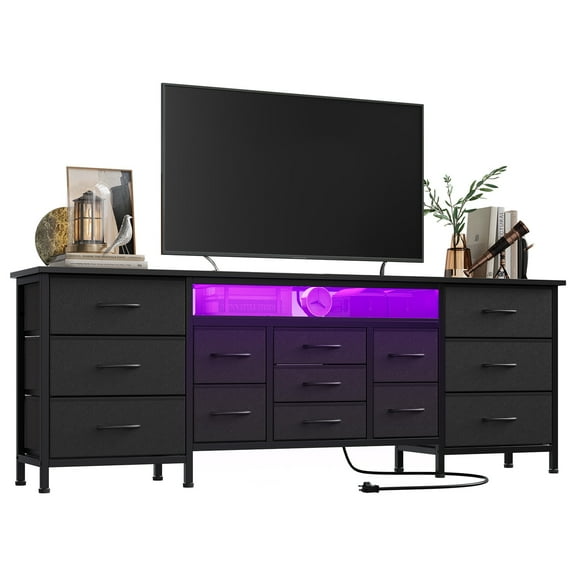 DSstyles 71" Long Dresser for Bedroom with 13 Fabric Drawers Entertainment Center with LED Lights & Power Outlets TV Stand for 80 Inch TV, Storage Organizer for Bedroom - Black