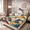 thumbnail image 3 of Manfei Traditional Crane Pine Queen Sheet Sets for Home, Mountain Sunset Bed Set for Office, Beige Blue Gold 4-Piece, 1 Flat Sheet, 1 Fitted Sheet and 2 Pillowcases, 3 of 6