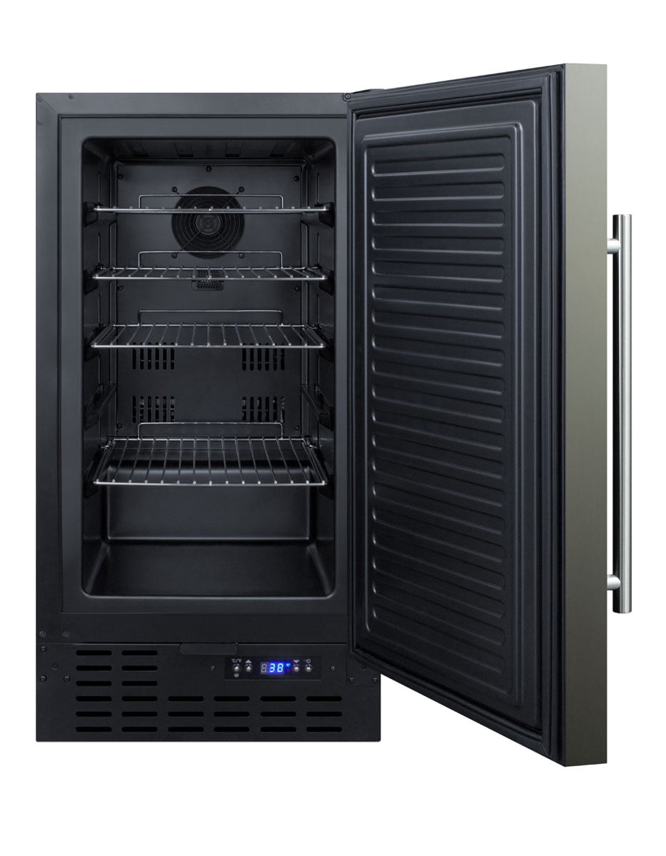 18" wide ADA compliant built-in undercounter all-refrigerator with a black stainless steel door, black cabinet, digital thermostat and front lock