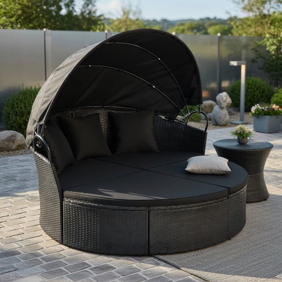 Resenkos Clamshell Round Outdoor Rattan Daybed, Retractable Sun Canopy, Convertible MultiβFunction Patio Sofa Set, Decorative Throw Pillows and Thick Sponge Cushions for Garden Poolside, Black