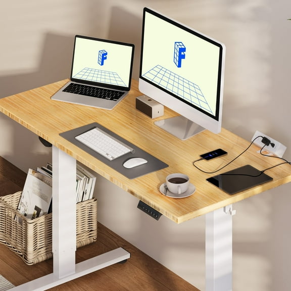Flexispot 48"x24" Electric Standing Desk with Solid Bamboo Desktop, Height Adjustable Ergonomic Home Office Sit Stand Desk with Power Outlets, Cable Management & White Frame Computer Workstation