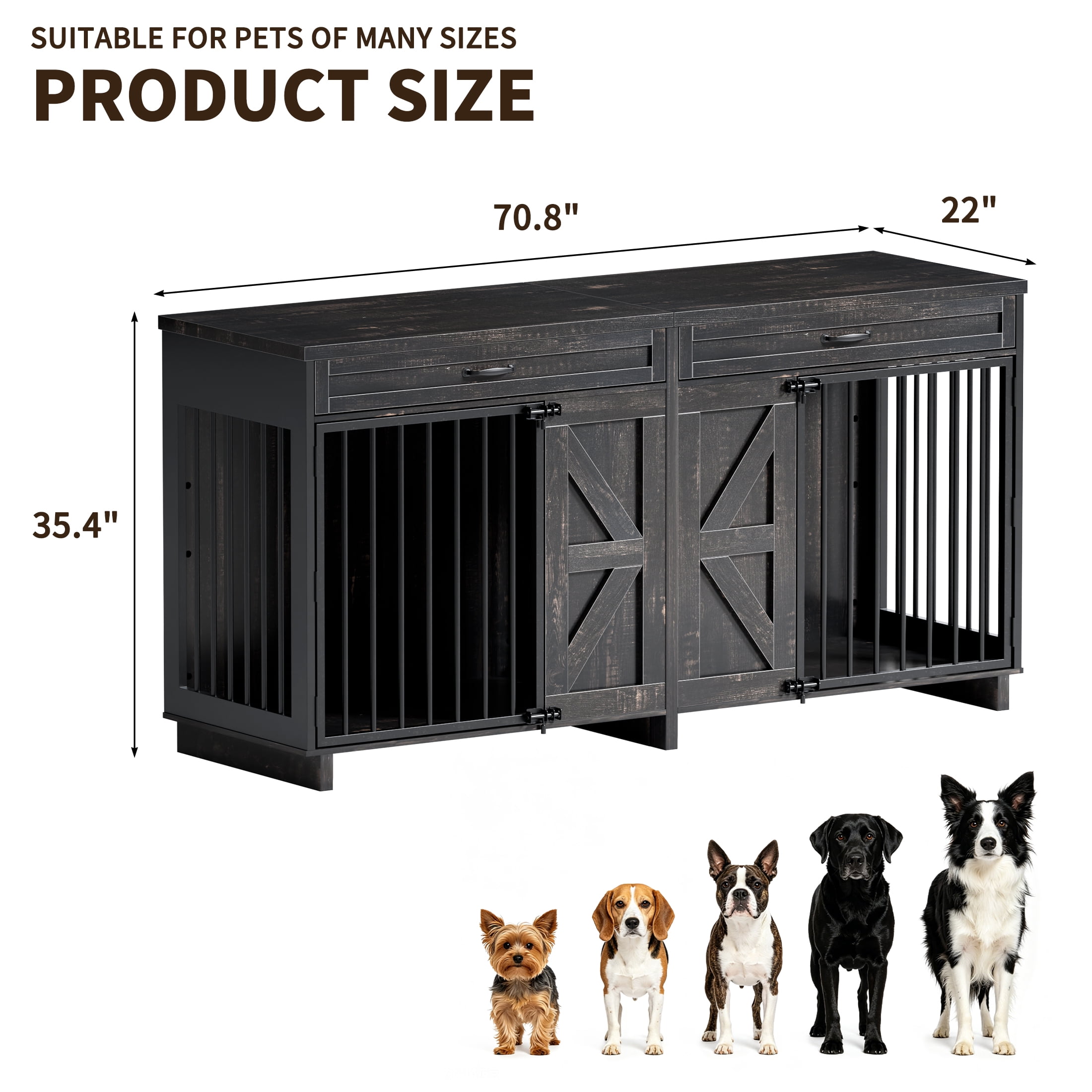 71" Wooden Dog Crate Furniture with Storage Top, Large Dog Cage for Home