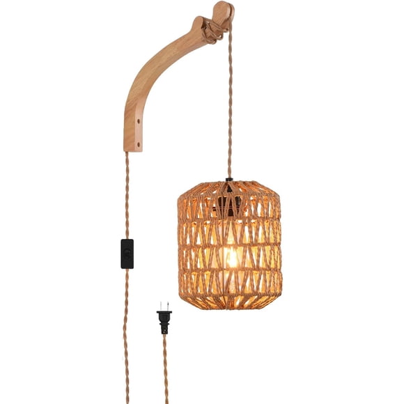 Plug in Wall Sconce,Farmhouse Wicker Wall Lamp Plug in,Hand Woven Rattan Wall Light Farmhouse Rustic Boho Sconces Wall Lighting for Living Room Bedroom