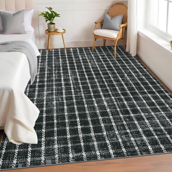 8x10 Runner Rug Washable Non Slip Kitchen Rugs Geometric Checkered Print , Modern Throw Carpet for Home Office, Black