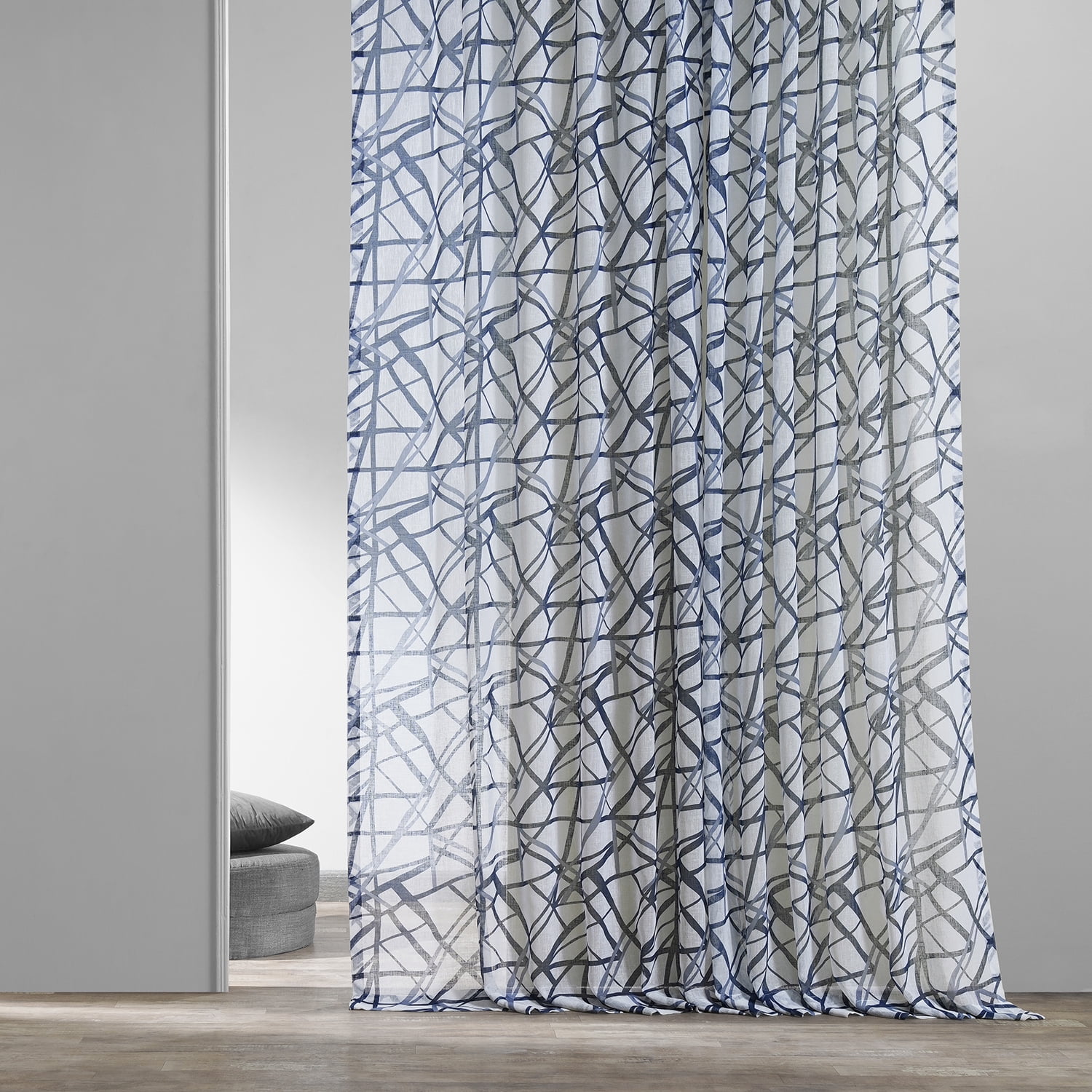 Matrix Blue Printed Faux Linen Sheer Curtain (1 Panel), Matrix Blue, 50W X 96L