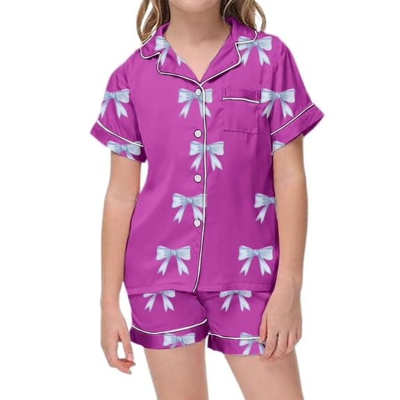 RUTAYY Girls Pajama Set Elegant Bow Allover Graphic 2 Piece Button Down Top and Shorts Short Sleeve Notch Neck Kids Relaxed Night Outfit Purple