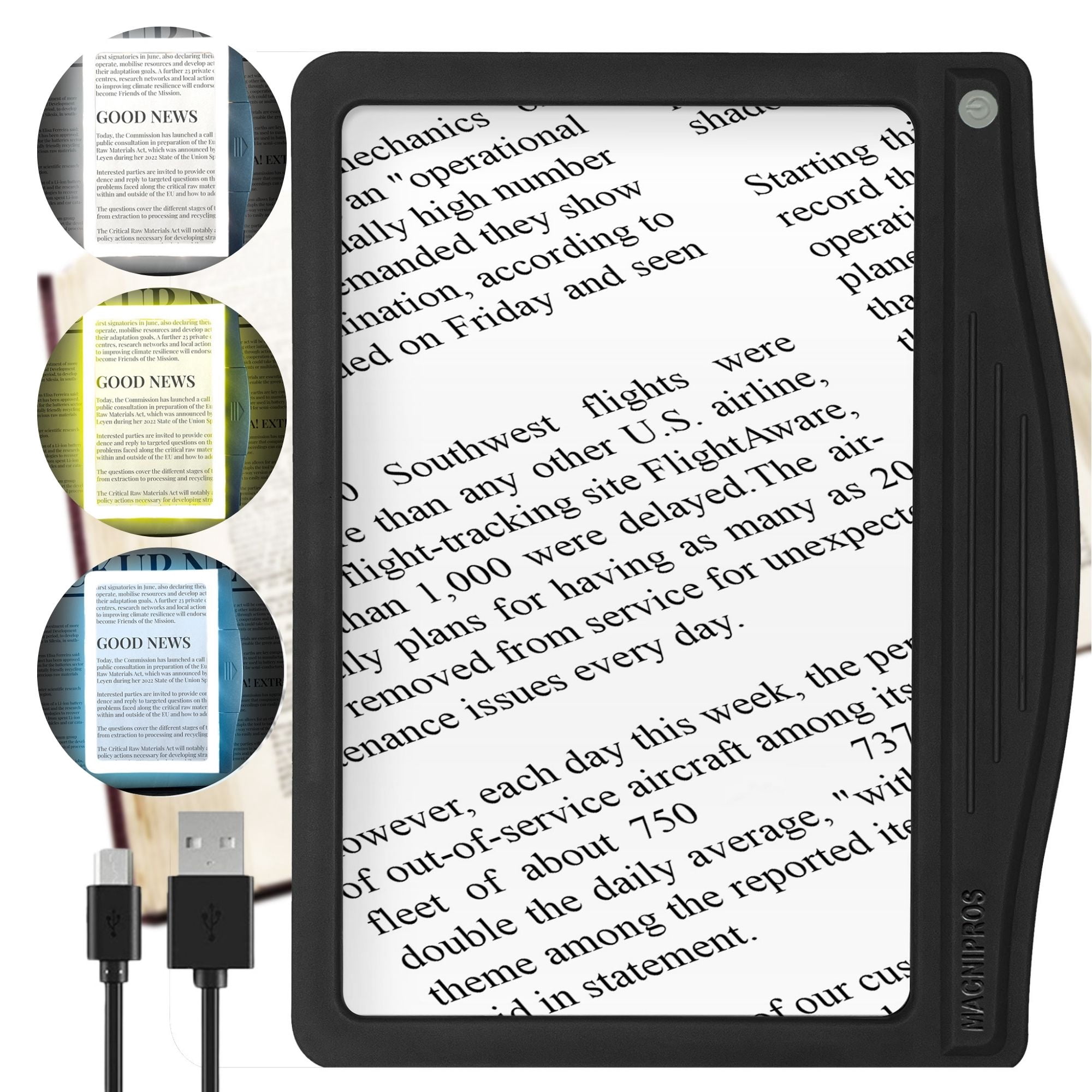 MAGNIPROS Rechargeable LED Page Magnifier for Reading, Magnifying Glass with 3 Color Light Modes, 24 SMD LEDs, Anti-Glare Lens for Small Print, Books, Newspapers, Seniors & Low Vision