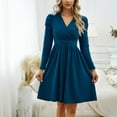 thumbnail image 2 of Solid Color V-Neck Wrap Dress for Women Long Sleeve Knee Length Dress Slim Waist Pleated Casual Short Dress, 2 of 8