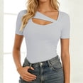 thumbnail image 2 of Wang6 Womens Short Sleeve T Shirts Casual Hollow out Solid Tees Summer Crew Neck Slim Fit Tops Light Gray S, 2 of 6