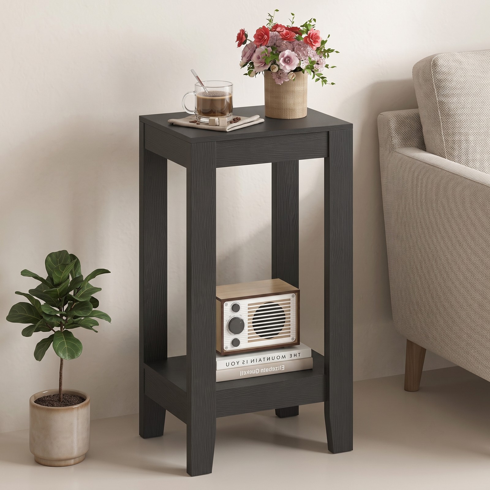 Furnibear 2-Tier Nightstand End Side Table with Wooden Legs and Bottom Storage Shelf for Bedroom Living Room, Compact Anti-Toppling Sofa Side Accent Table, Black