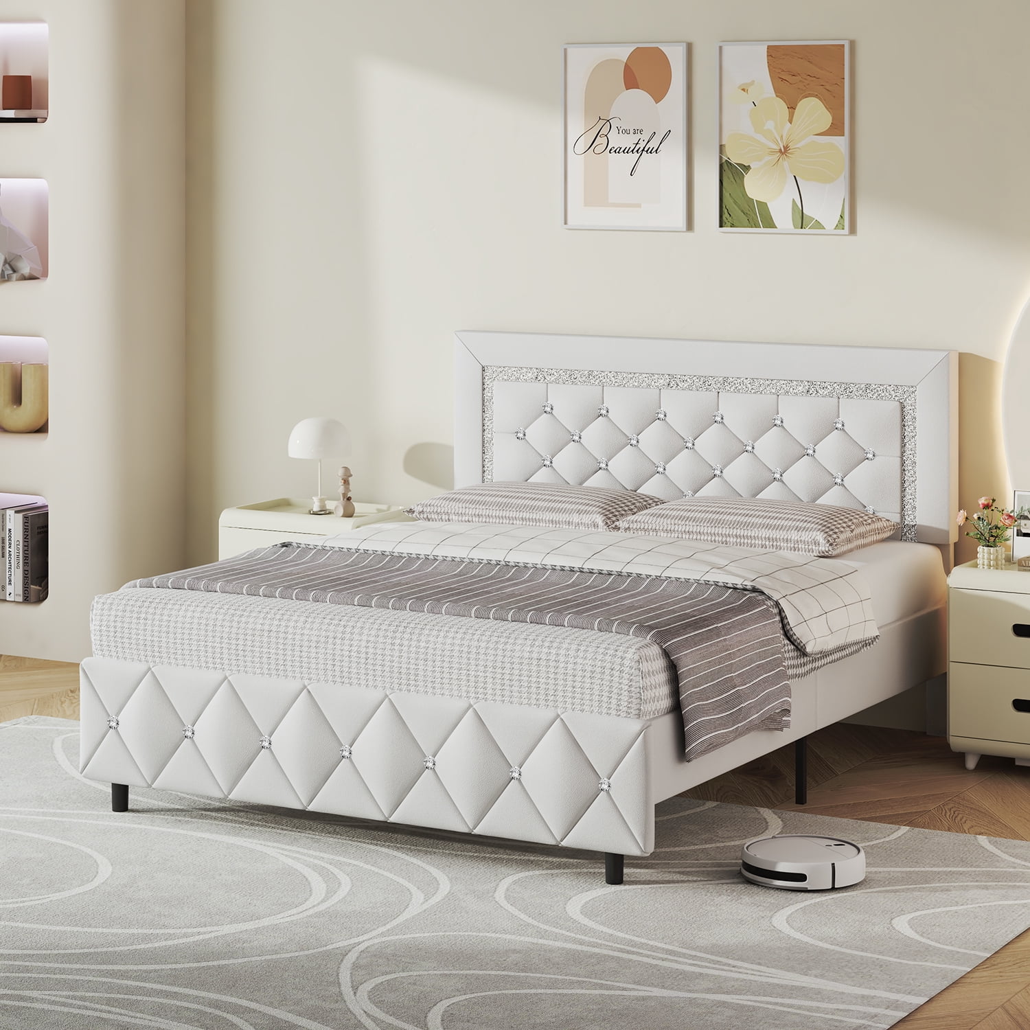4 EVER WINNER Queen Bed Frame, Upholstered Platform Bed Frame with Headboard and Footboard, Diamond Headboard and Footboard Design, White