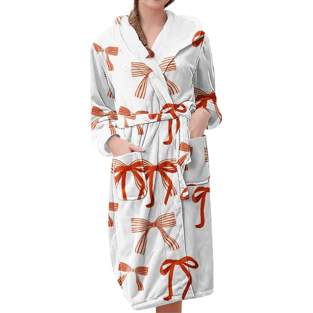 Women's Fleece Plush Robe Long Warm Plush Bathrobe Loungewear Jacket Printed Comfort Robe