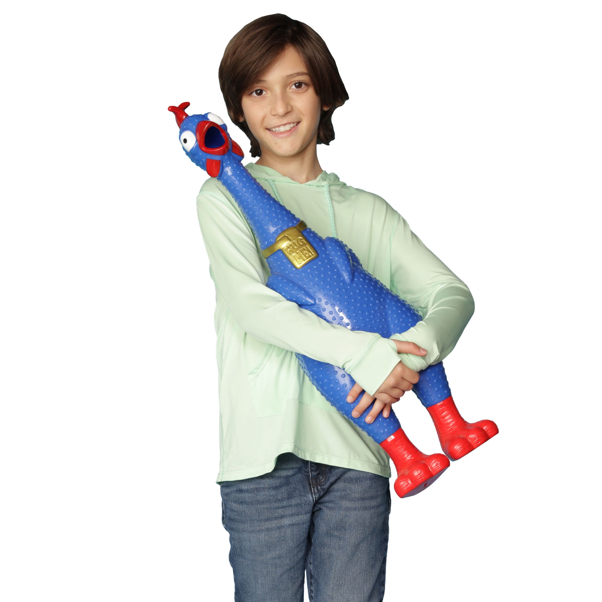 A giant screaming chicken the HUG ME squeaky chicken toy(Blue