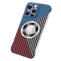 ELEHOLD Mag Safe Compatible iPhone 13 Case, Ultra Slim Thin Carbon Fiber Texture Back Cover Frameless Bumper Case Scratch Resistant Logo View Window for iPhone 13,Blue Black Red