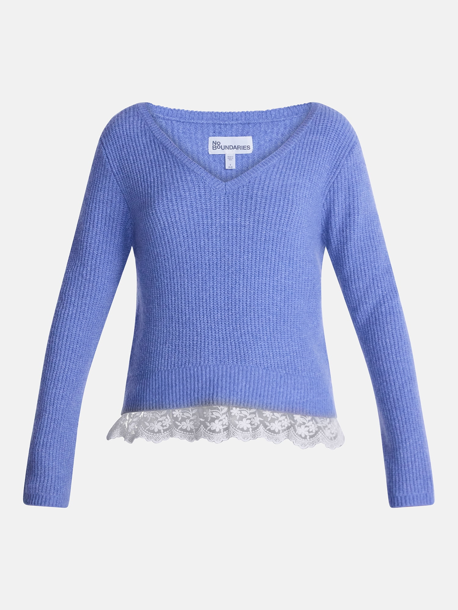No Boundaries V-Neck Pullover Sweater with Lace Trim, Women's, Sizes XS-XXXL