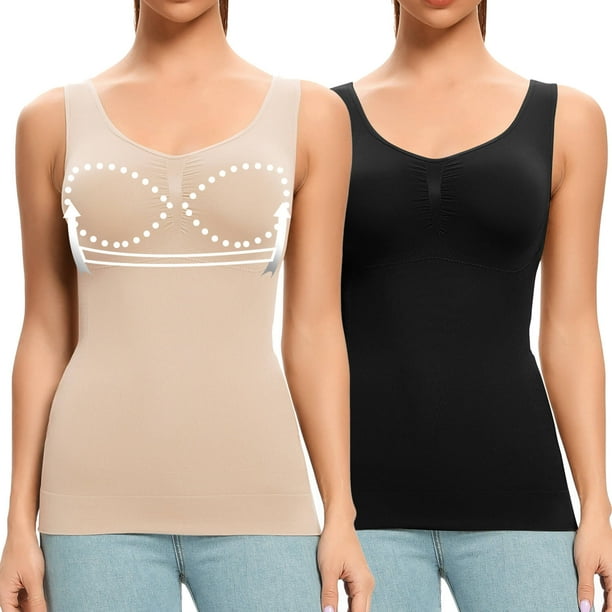 MANIFIQUE 2 Packs Camisoles with Built in Bra Compression Padded Shapewear Tank Tops for Women