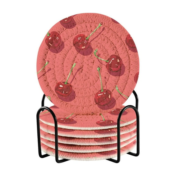 Beautiful Cherry Coasters with Holder for Coffee Table 6 Pcs Drink Coaster Sets Absorbent for Home Decor 4 inch