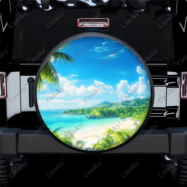 Sunny Tropical Landscape Polyester Universal Spare Wheel Tire Cover Custom Tire-Covers for Trailer RV SUV Truck Camper